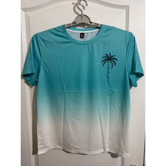 Men's MANFINITY Teal White Ombre Palm Tree XL Short Sleeve Tee and shorts set - Picture 1 of 9